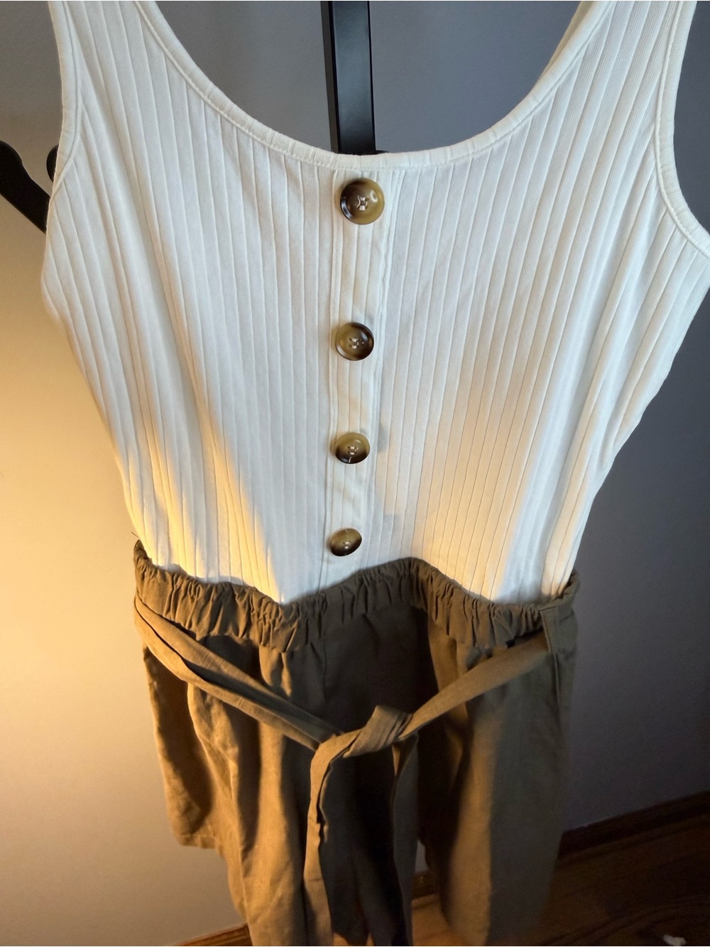 Sleeveless Ribbed Tank Jumpsuit in Cream and Olive